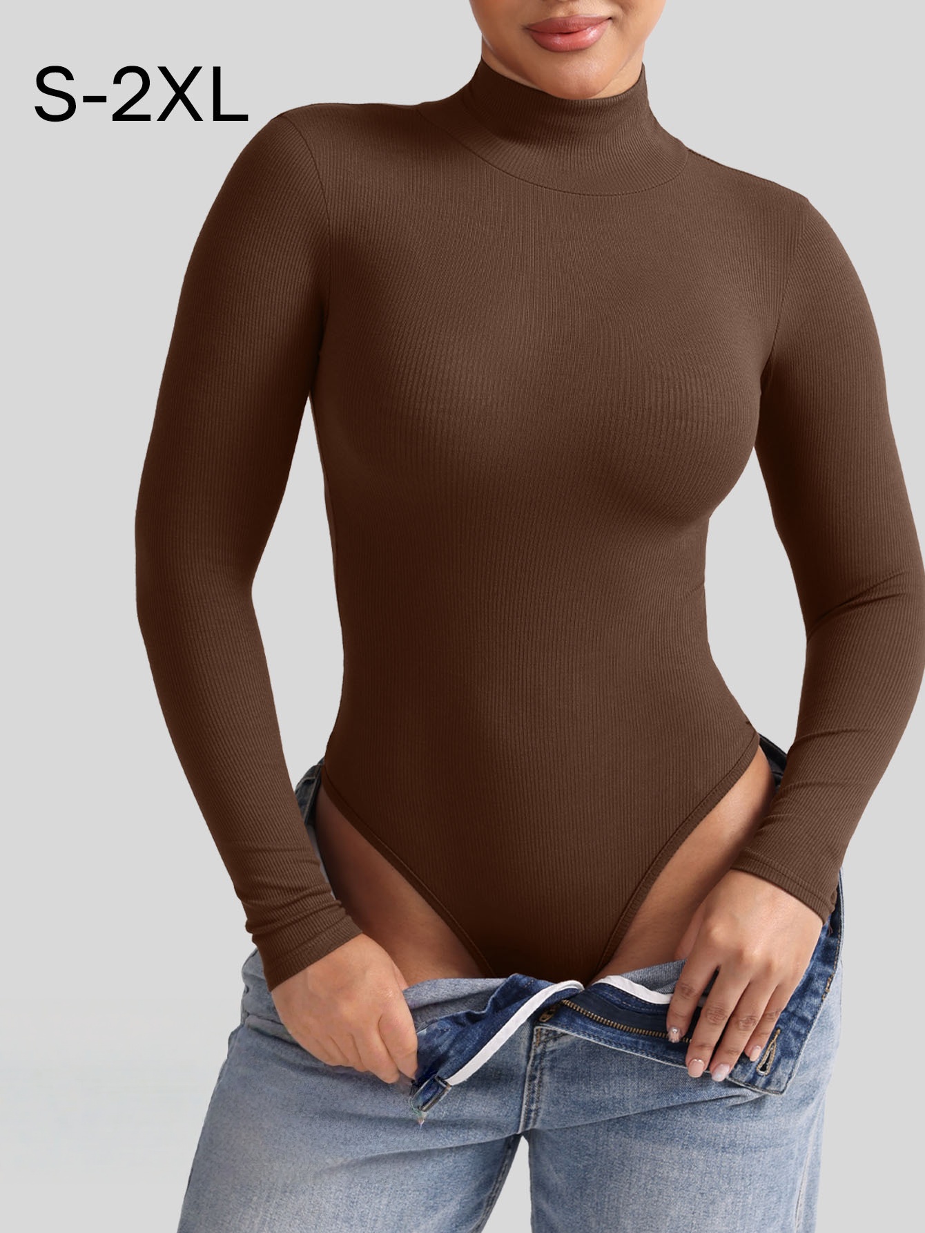 Womens Turtleneck Thong Bodysuit Warm Bodycon High Waist Romper Body Shapewear